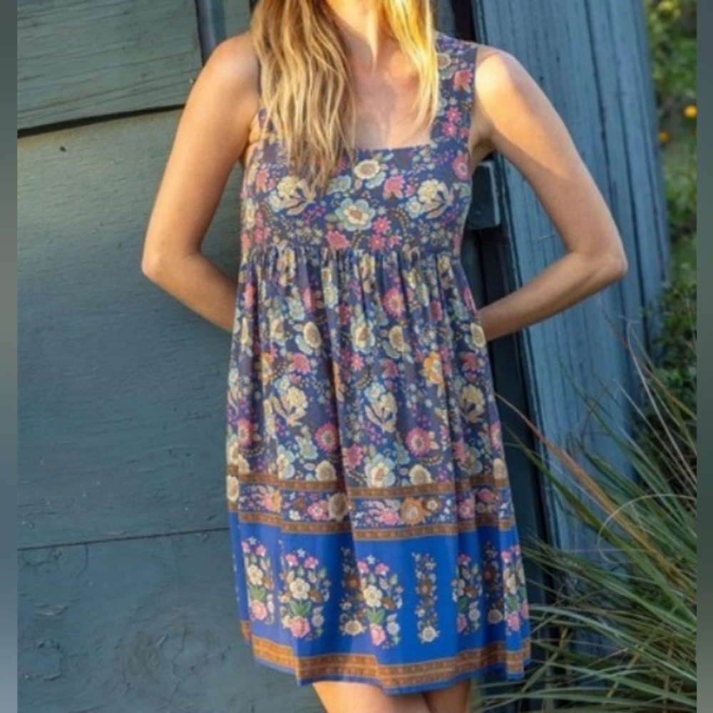 NATURAL LIFE Blue Floral Sleeveless Mini Dress with Cream and Pink Flowers